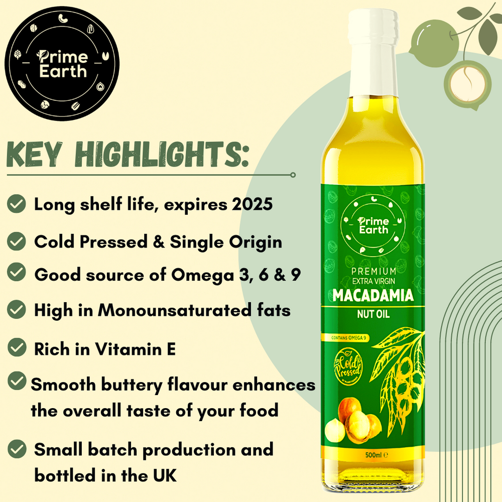 Cold Pressed Extra Virgin Macadamia Nut Oil 500ml (x2 pack) - Prime Earth Foods 
