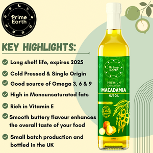 Cold Pressed Extra Virgin Macadamia Nut Oil 500ml (x2 pack) - Prime Earth Foods 